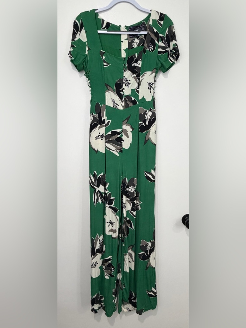 Maeve By Anthropologie Green Floral Wide Leg One Piece Jumpsuit Size 8